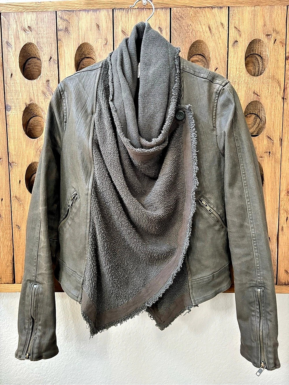 Free People Coated Drape Front Moto Jacket Green & Gray Size 0